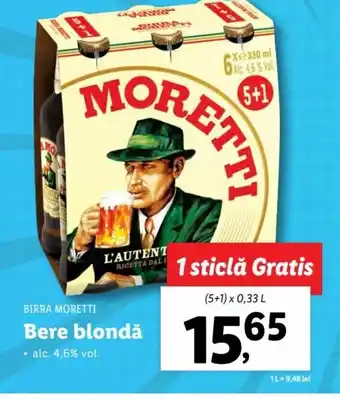 Lidl Birra moretti bere blondă alc. 4.6% 5+1 x 0.33l Ofertă