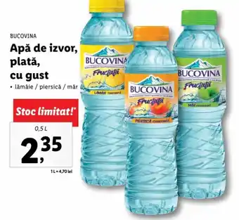 Lidl Bucovina apă de izvor plată cu gust lămâie / piersică / măr 0.5l Ofertă