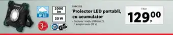 Parkside proiector led portabil cu acumulator include 1 cable usbc adaptor auto 12v 20w 2000lm 1 buc