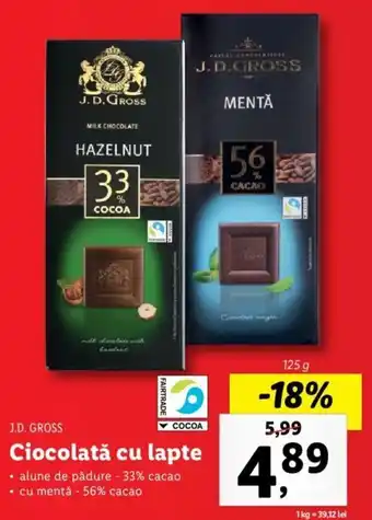 Lidl J.D. gross ciocolată cu lapte alune de pădure 33% / cu mentă 56% cacao 125g Ofertă