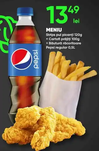 PROFI Meniu Strips pui picanți 120 g, Cartofi prăjiți 100 g, Băutură răcoritoare, Pepsi regular 0,5L Ofertă