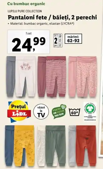 Lidl Lupilu pure collection pantaloni fete / băieți 2 perechi 1 set Ofertă