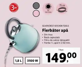 Lidl Silvercrest kitchen tools fierbător apă din inox bază capsulată filtru de calcar detașabil 1.8l 3100w Ofertă