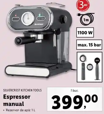 Lidl Silvercrest kitchen tools espressor manual rezervor de apă 1l 1100w max 15 bar 1 buc Ofertă
