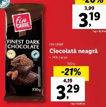 Lidl Fin carré ciocolată neagră 74% cacao 100g Ofertă
