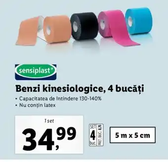 Sensiplast benzi kinesiologice 4 bucăți capacitatea de întindere 130%-140% nu conțin latex 5x5cm 1 set
