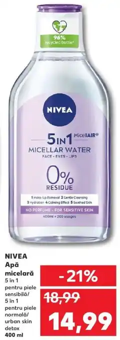 Kaufland Nivea apă micelară 5 în 1 pentru piele sensibilă / 5 în 1 pentru piele normală / urban skin detox 400ml Ofertă