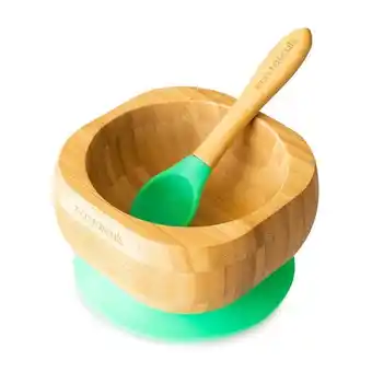 Set castron din bambus cu ventuza si lingura, verde, eco rascals