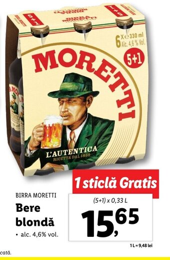 Lidl Birra moretti bere blondă 5+1 x 0.33l Ofertă