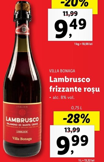 Lidl Villa bonaga lambrusco frizzante roșu 0.75l Ofertă