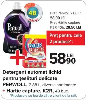 Carrefour Market Perwoll detergent automat lichid pentru țesături delicate 2.88l + K2r hârtie 40 buc Ofertă
