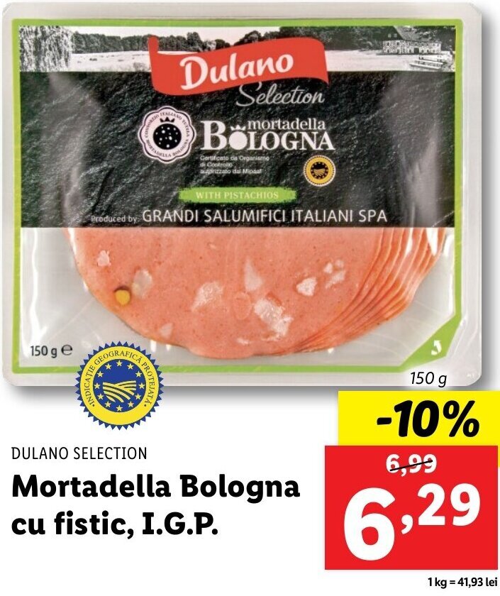 Dulano Selection Mortadella Bologna cu fistic, I.G.P. 150g ofertă la Lidl