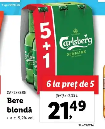 Lidl Carlsberg Bere blondă 5+1 x 0.33l Ofertă