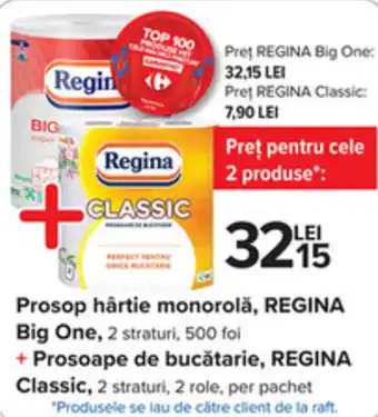 Carrefour Regina prosop hârtie monorolă 2 straturi 500 foi + prosoape de bucătarie 2 straturi 2 role Ofertă