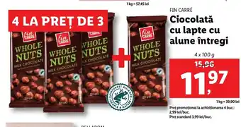 Lidl Fin carré ciocolată cu lapte cu alune întregi 4 x 100g Ofertă