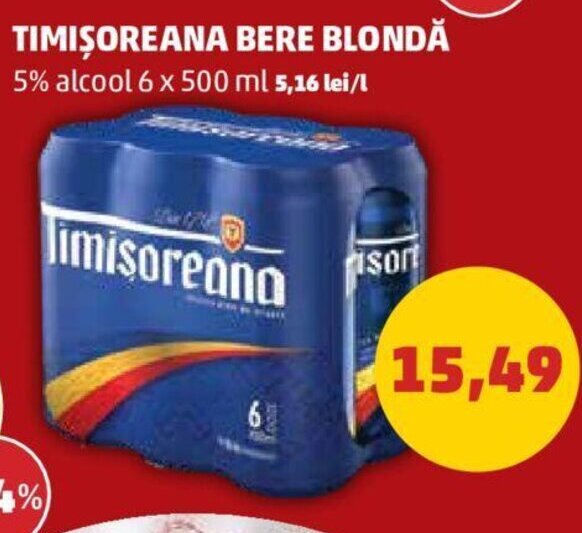 Penny Timișoreana bere blondă 5% alcool 6 x 500 ml Ofertă
