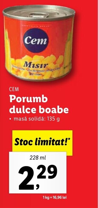 Lidl Cem porumb dulce boabe 228ml Ofertă