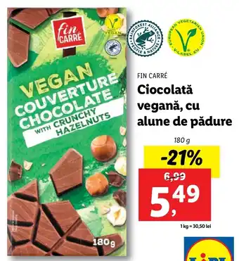 Lidl Fin caré ciocolată vegană cu alune de pădure 180g Ofertă