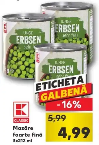Kaufland classic mazăre foarte fină 3 x 212ml