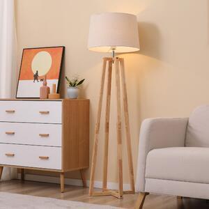 Homcom lampă de podea design scandinav, lampă de podea din lemn și material cu efect de in alb, pentru camera de zi și dormit