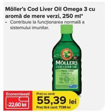 Moller`s Cod Liver Oil Omega 3 cu aromă de mere verzi, 250ml