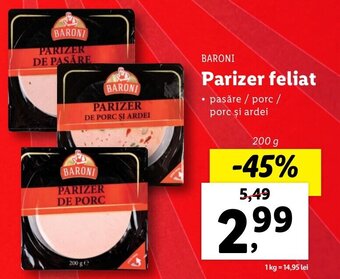 Lidl Baroni parizer feliat 200g Ofertă