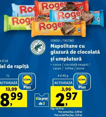 Lidl Sondey / Tastino napolitane cu glazură de ciocolată și umplutură 4 x 40g Ofertă