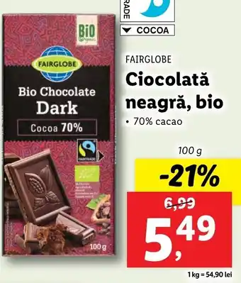 Lidl Fairglobe ciocolată neagră bio 100g Ofertă
