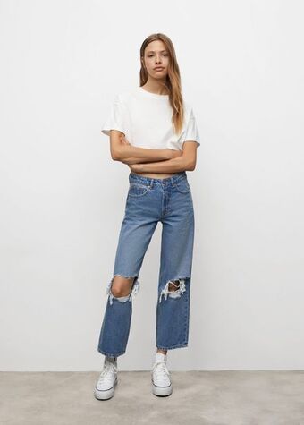 Blugi wide leg cu rupturi decorative