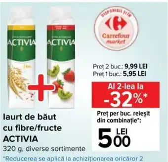 Carrefour Activia iaurt de băut cu fibre / fructe 320g Ofertă