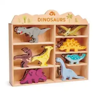 Set figurine fin lemn, tender leaf toys, dinozauri pe raft, 8 piese