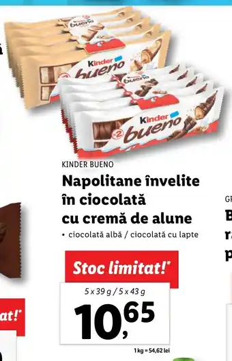 Lidl Kinder bueno Napolitane învelite în ciocolată cu cremă de alune 5 x 39g / 5 x 43g Ofertă