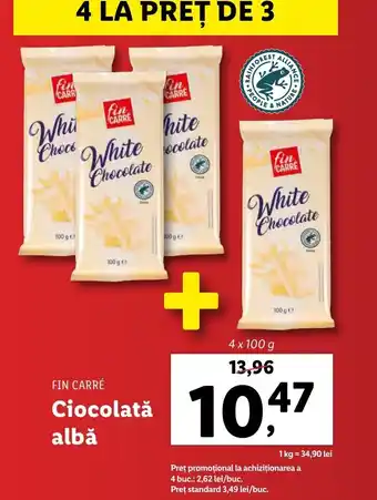 Lidl FIN CARRÉ Ciocolată albă 4 x 100g Ofertă
