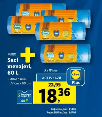 Lidl PURIO Saci menajeri, 60 L 5 x 18 buc. Ofertă