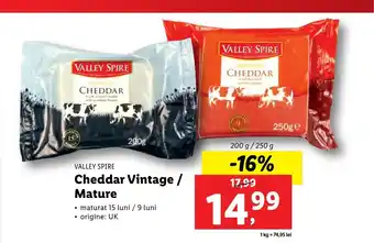Lidl VALLEY SPIRE Cheddar Vintage / Mature 200 / 250g Ofertă