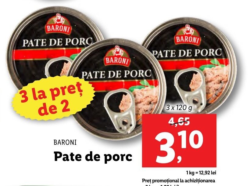 BARONI Pate de porc 3 x 120g ofertă la Lidl
