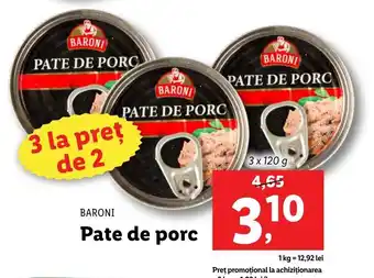 Lidl BARONI Pate de porc 3 x 120g Ofertă