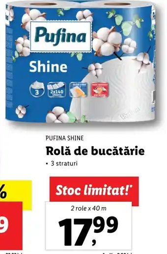 Lidl Pufina Shine Rolă de bucătărie 3 straturi 2 role x 40 m Ofertă