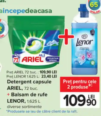 Carrefour ARIEL detergent capsule 72 buc + Lenor balsam de rufe 1.625l Ofertă