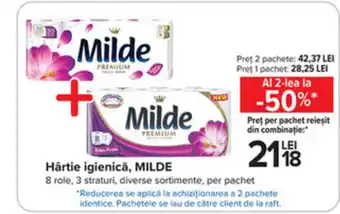 Carrefour MILDE Hârtie igienică 8 role 3 straturi Ofertă