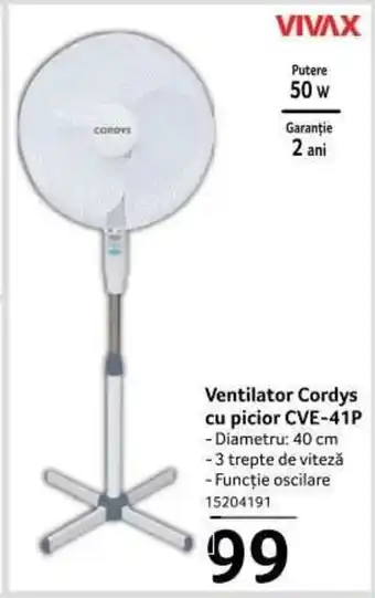 Selgros VIVAX Ventilator Cordys cu picior CVE-41P Diametru: 40 cm 50w Ofertă