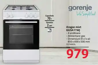 Selgros Gorenje Life Simplified Aragaz mixt GG5A11WJ Dimensiuni 850 x 600 x 500 mm 70l Ofertă