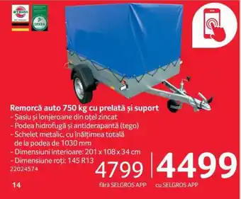 Remorcă auto 750 kg cu prelată și suport Dimensiuni interioare: 201 x 108 x 34 cm
