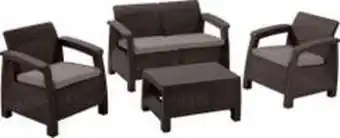 Brico Depôt Set mobilier gradina/terasa/balcon, culoare maro, poliratan, 4 persoane, masa + 2 fotolii + canapea, include perne • corfu ii Ofertă