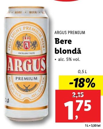 Lidl ARGUS PREMIUM Bere blondă 0.5l Ofertă