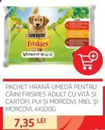 Auchan PACHET HRANĂ UMEDĂ PENTRU CÂINI FRISKIES ADULT CU VITĂ ȘI CARTOFI, PUI ŞI MORCOVI, MIEL ȘI MORCOVI, 4X100G Ofertă