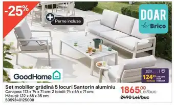 Brico Depôt GoodHome Set mobilier grădină 5 locuri Santorin aluminiu Canapea: 173 x 74 x 71 cm: 2 fotolii: 74 x 64 x 71 cm Ofertă