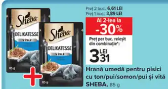 Carrefour SHEBA Hrana umedă pentru pisici cu ton/pui/somon/pui şi vită 85 g Ofertă