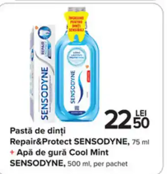 Carrefour Pastă de dinţi Repair&Protect SENSODYNE, 75 ml + Apă de gură Cool Mint SENSODYNE, 500 ml Ofertă