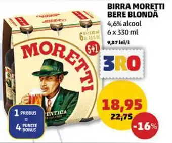 Penny BIRRA MORETTI BERE BLONDĂ 4,6% alcool 6x330 ml Ofertă